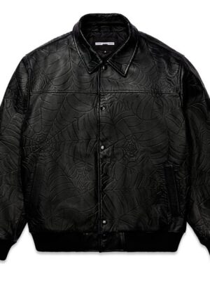 Sp5der Black Debossed Web Leather Jacket