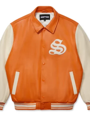 Sp5der Orange Leather Varsity Jacket