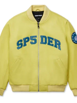 Sp5der Yellow Leather Logo Bomber Jacket